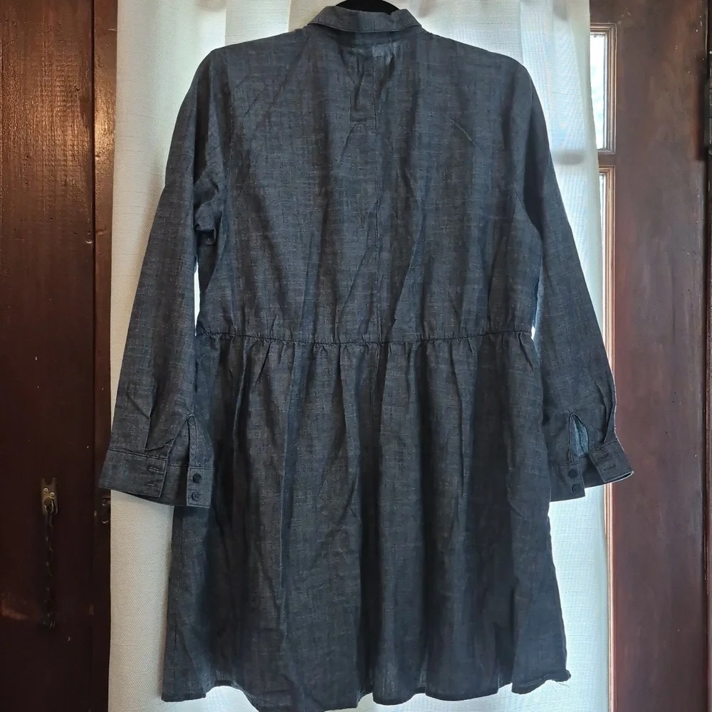 Button Front Lg. Petite Babydoll Blue Chambray Shirtdress Cotton Dress Mini - Picture 6 of 9